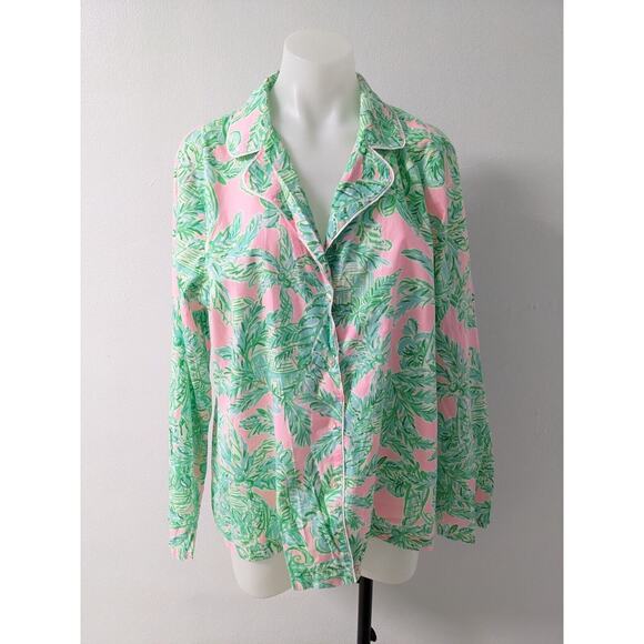Lilly Pulitzer XL Button Up Pajama Top Green Pink Cotton Botanical Long Sleeves - Picture 4 of 13